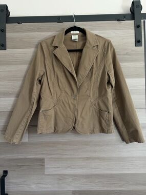 FDJ French Dressing Tan Pinstripe Pleated Peplum Blazer Jacket Size 10